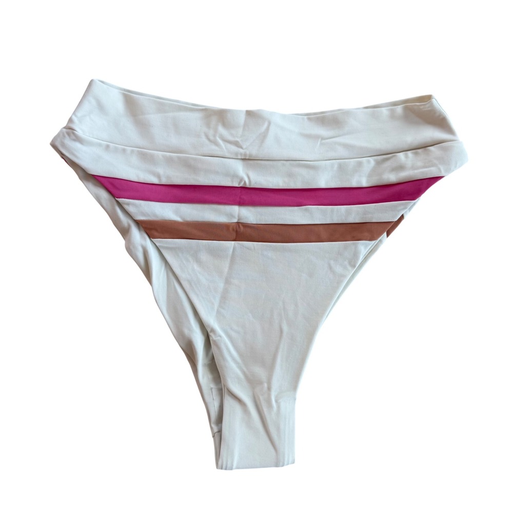 L Space Wilson Bikini‎ Bottom High Waist Striped Cream Pink Brown CBWLB19 XS NWT